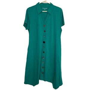 Soft Surroundings Danielle Dress Size L Teal Green Mixed Button Cotton Artsy